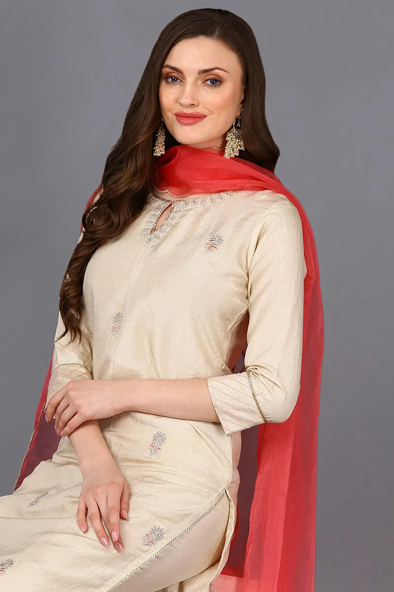 Poly Silk Beige Embroidered Straight Kurta Pant With Dupatta