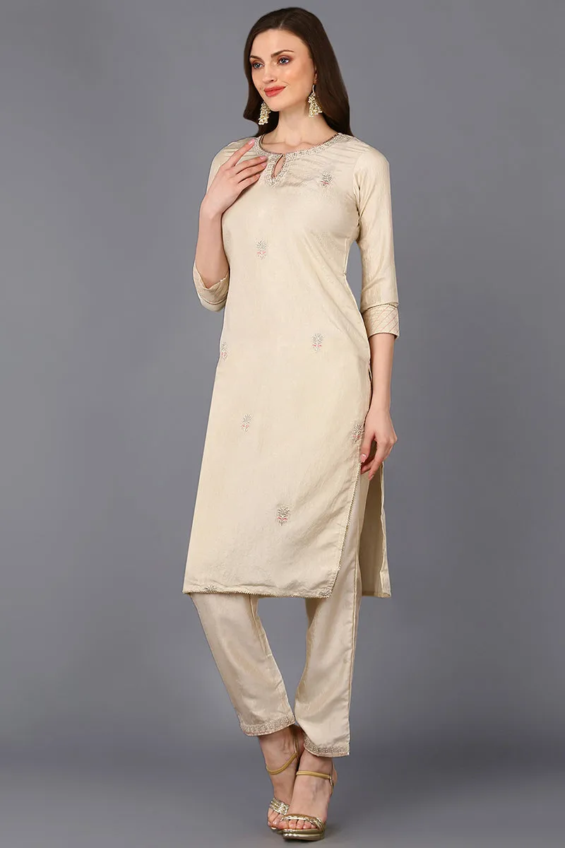 Poly Silk Beige Embroidered Straight Kurta Pant With Dupatta