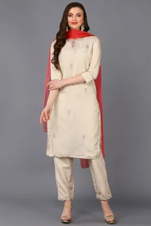 Poly Silk Beige Embroidered Straight Kurta Pant With Dupatta