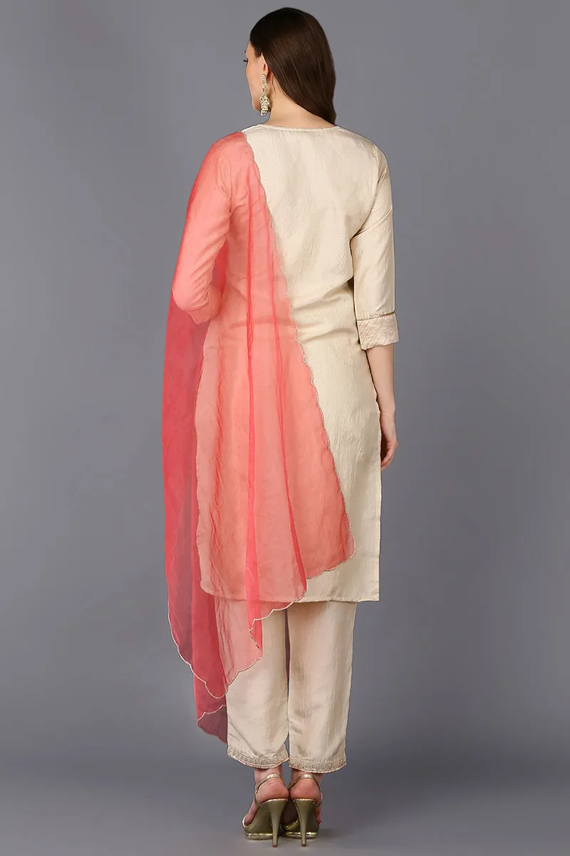 Poly Silk Beige Embroidered Straight Kurta Pant With Dupatta