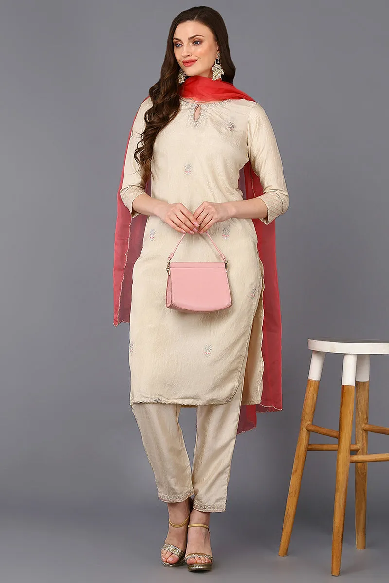 Poly Silk Beige Embroidered Straight Kurta Pant With Dupatta