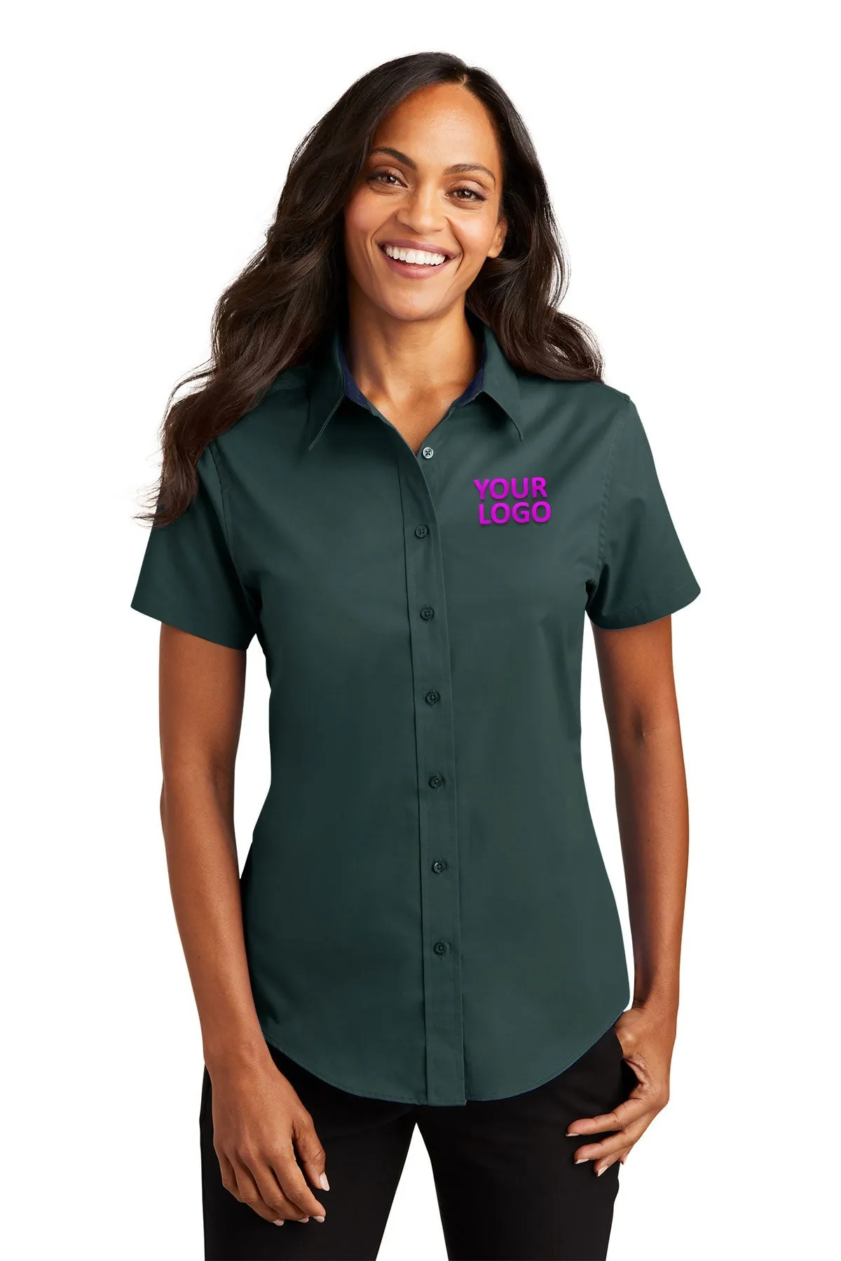 Port Authority Ladies Short Sleeve Easy Care Custom Shirts, Dark Green/Navy