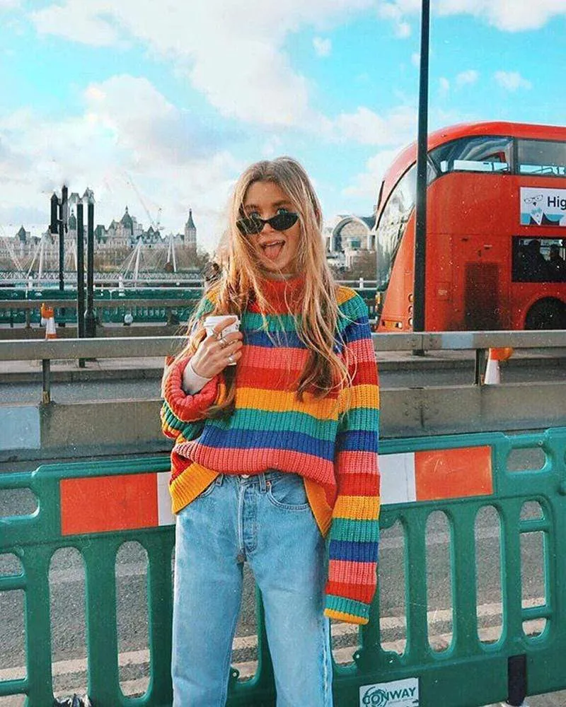 Rainbow Striped Turtleneck Bohemian Sweater