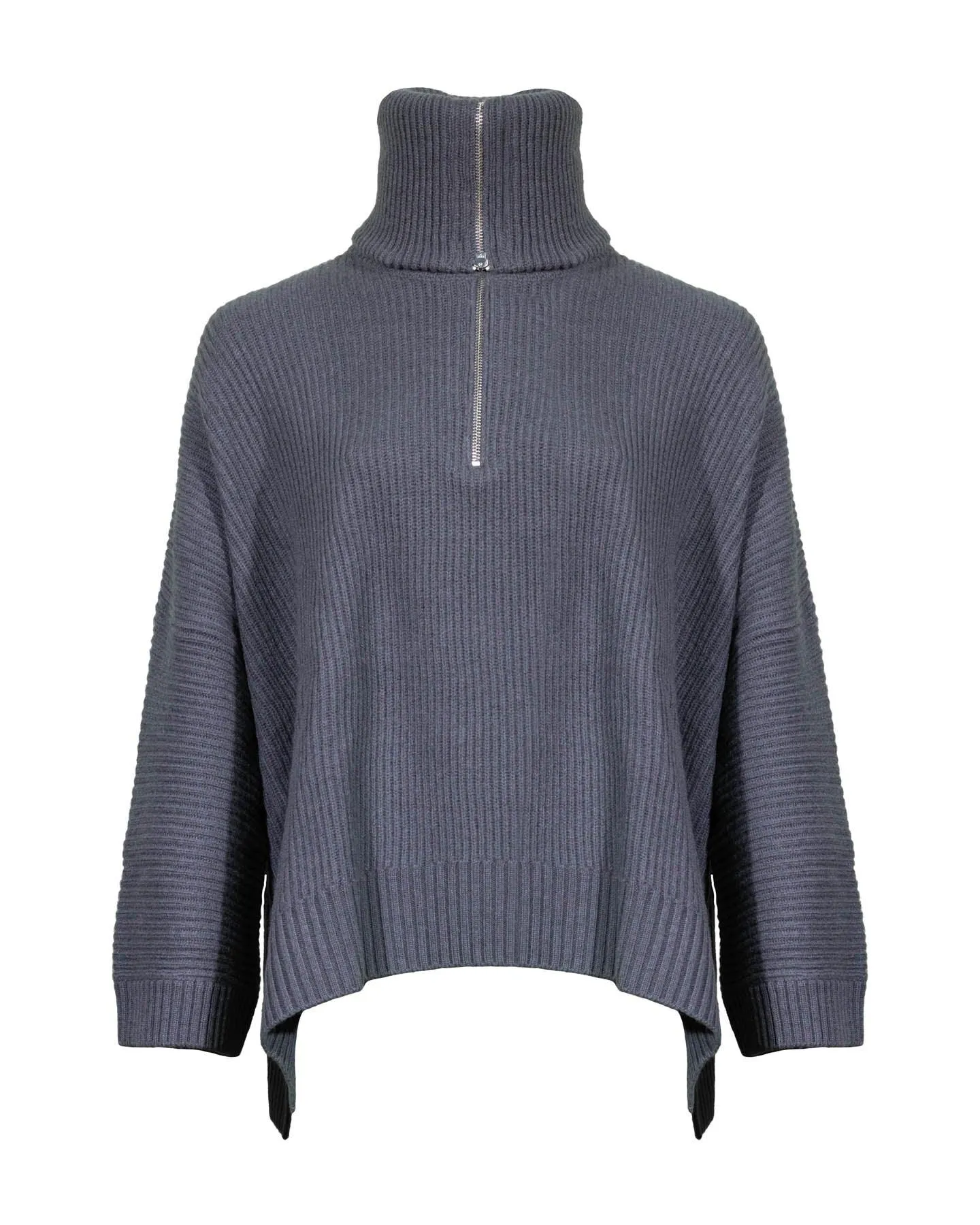 Ribbed Zip Neck Wool Cashmere Turtleneck