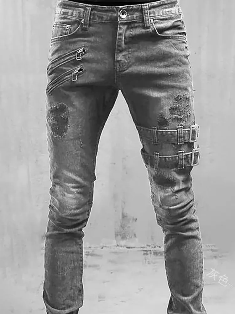 Ripped Skinny Jeans Slim Hole Casual Biker Trousers