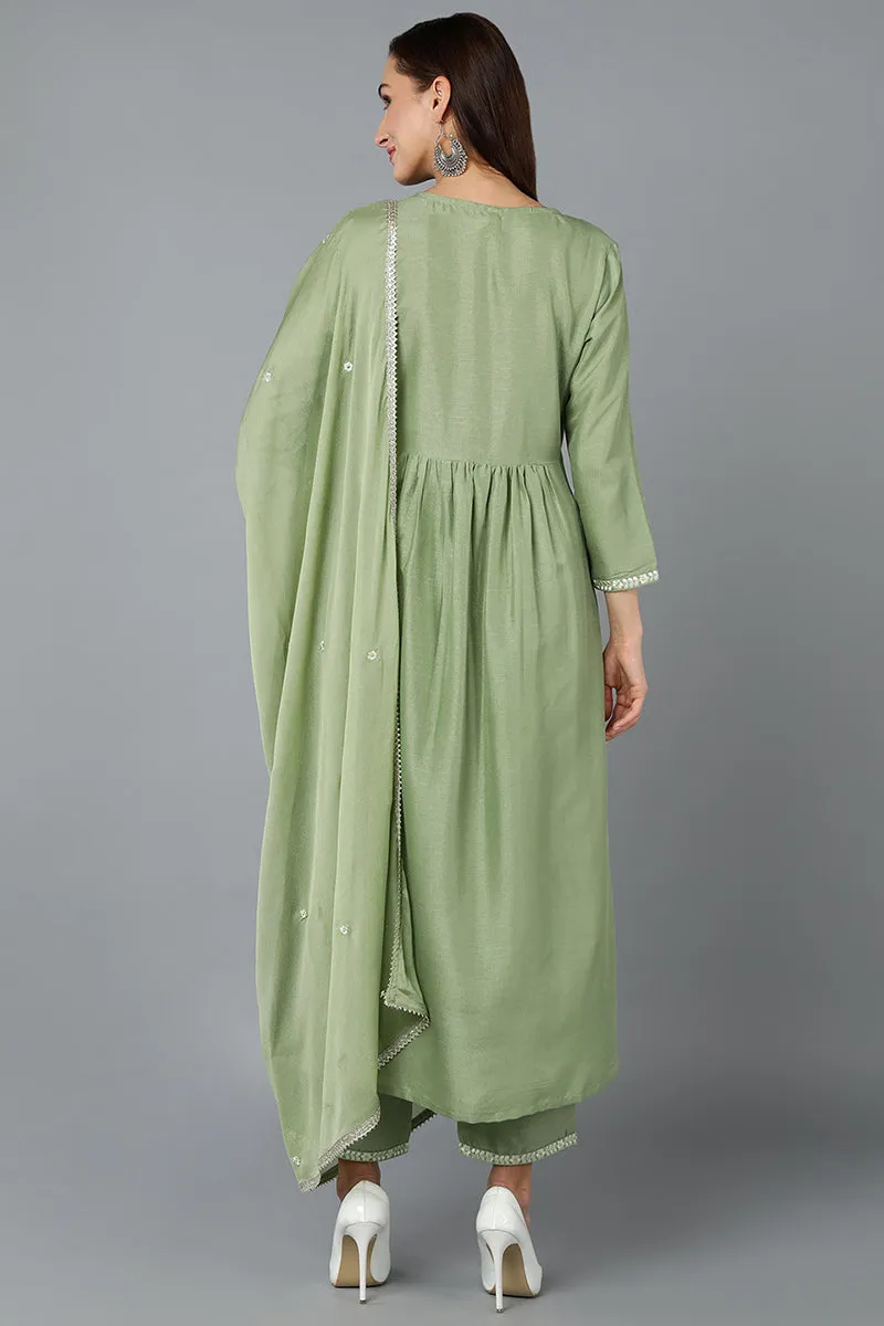 Silk Blend Sea Green Straight Kurta Pant With Dupatta