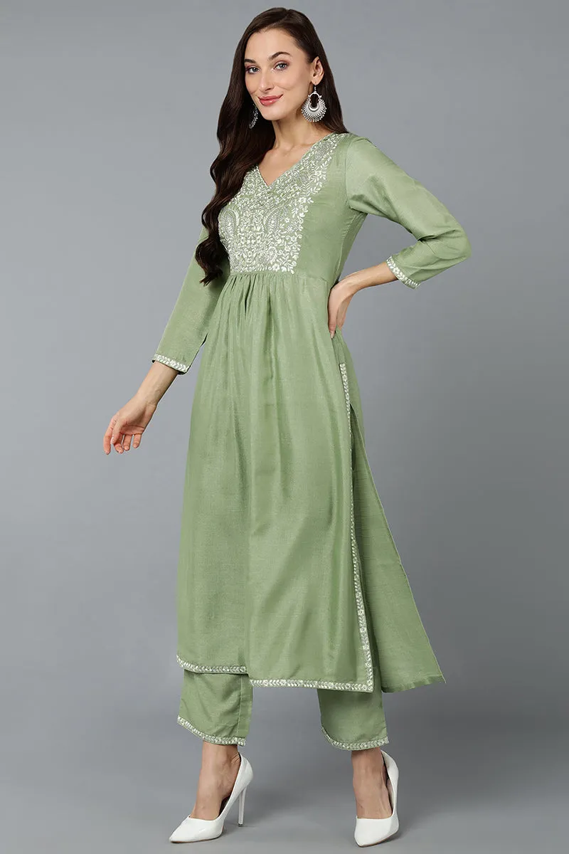 Silk Blend Sea Green Straight Kurta Pant With Dupatta