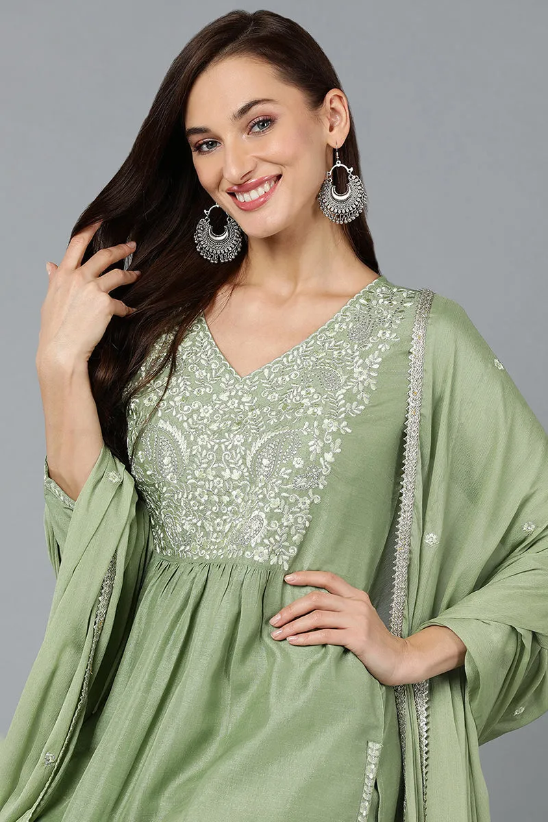 Silk Blend Sea Green Straight Kurta Pant With Dupatta