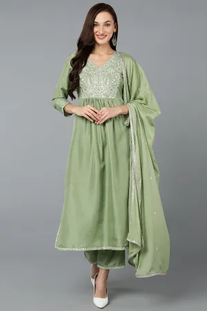 Silk Blend Sea Green Straight Kurta Pant With Dupatta