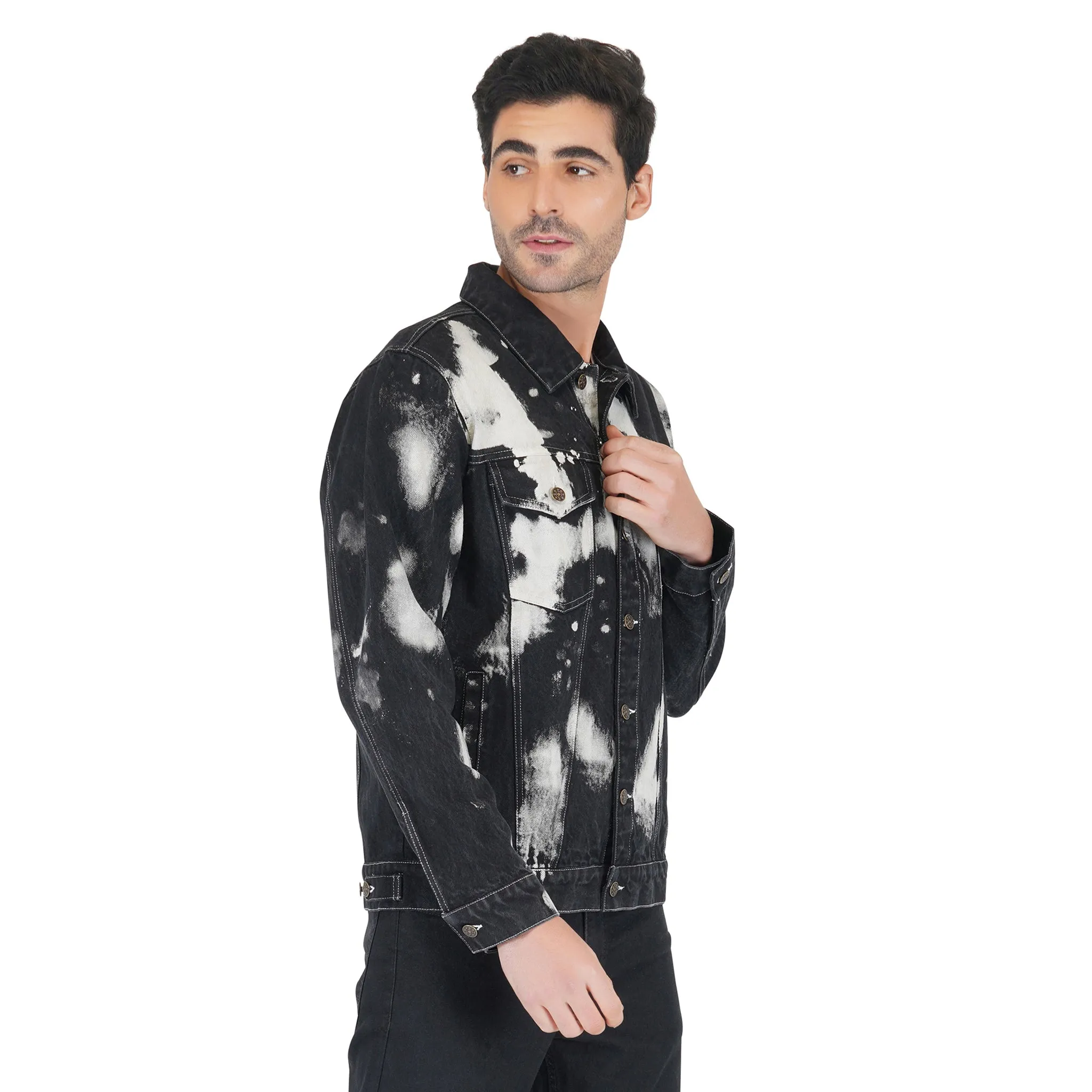 SLAY. Men's Black & White Tie Dye Button-Down Ripped Denim Jacket