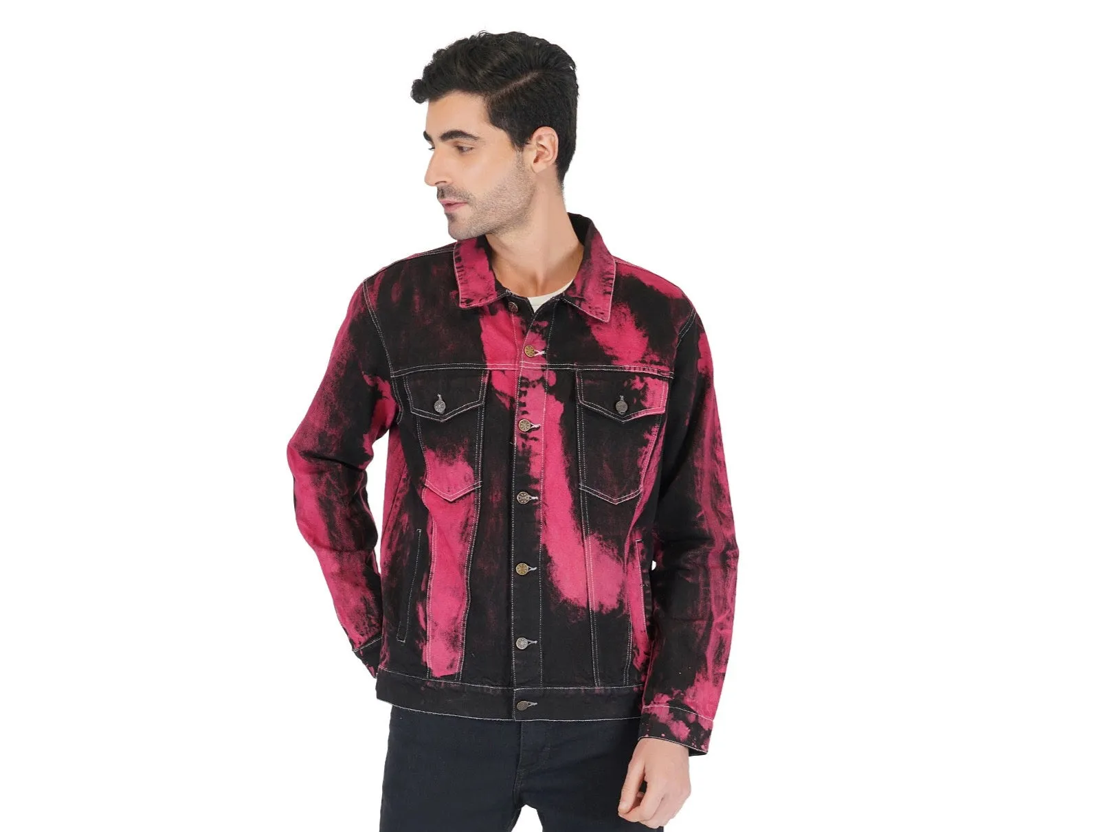 SLAY. Men's "Deadpool Theme" Red & Black Tie Dye Button-Down Ripped Denim Jacket