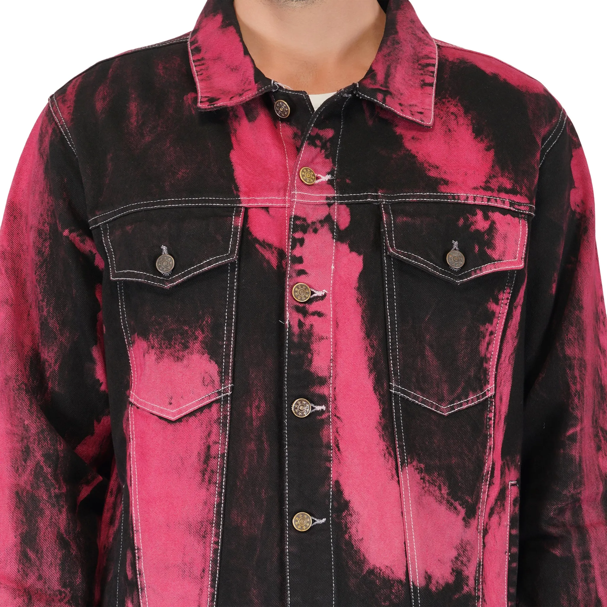 SLAY. Men's "Deadpool Theme" Red & Black Tie Dye Button-Down Ripped Denim Jacket