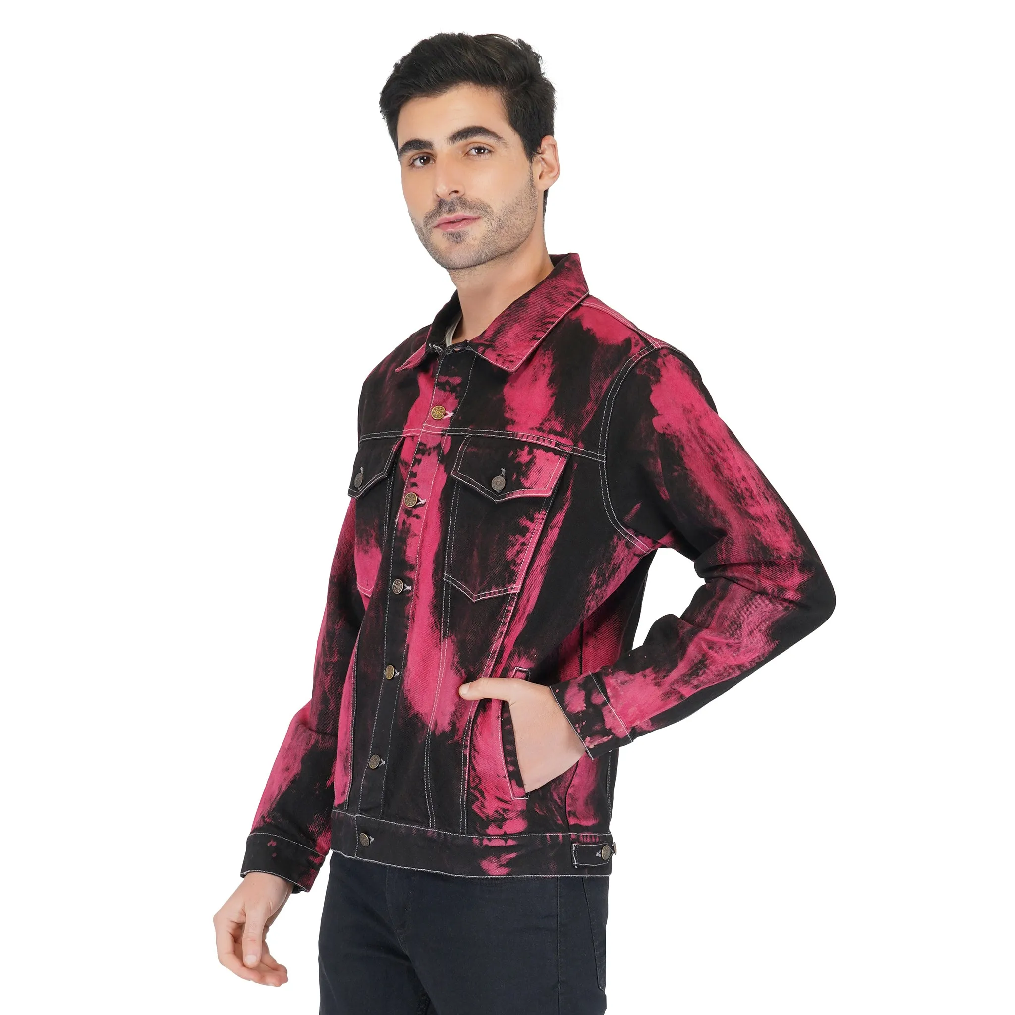 SLAY. Men's "Deadpool Theme" Red & Black Tie Dye Button-Down Ripped Denim Jacket