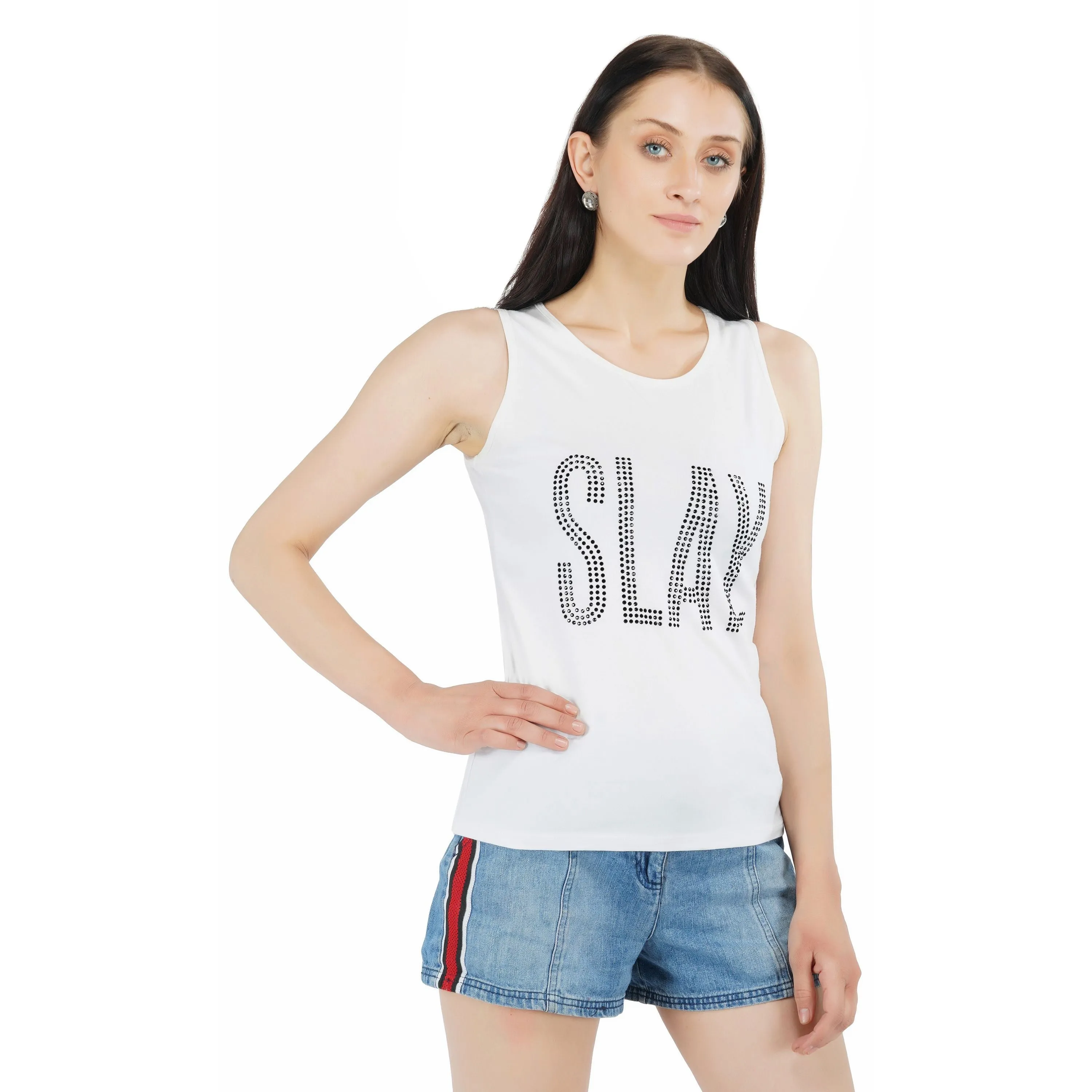 SLAY. Women's Black Crystal Embellished White Tank Top