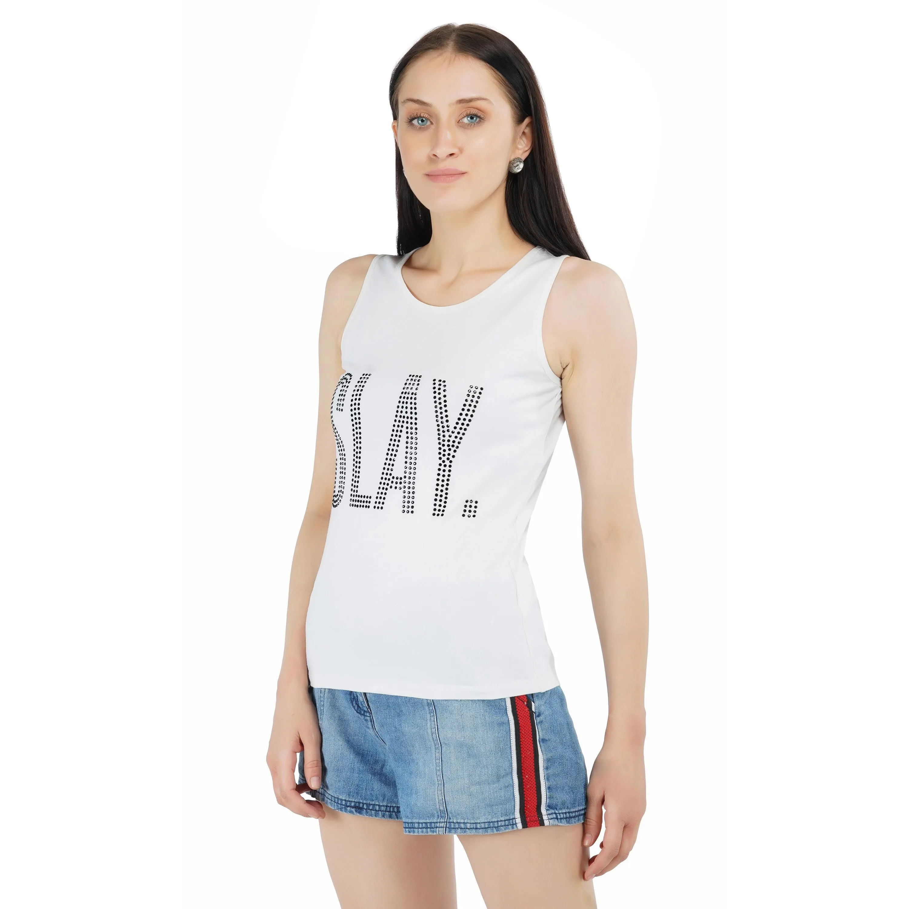 SLAY. Women's Black Crystal Embellished White Tank Top