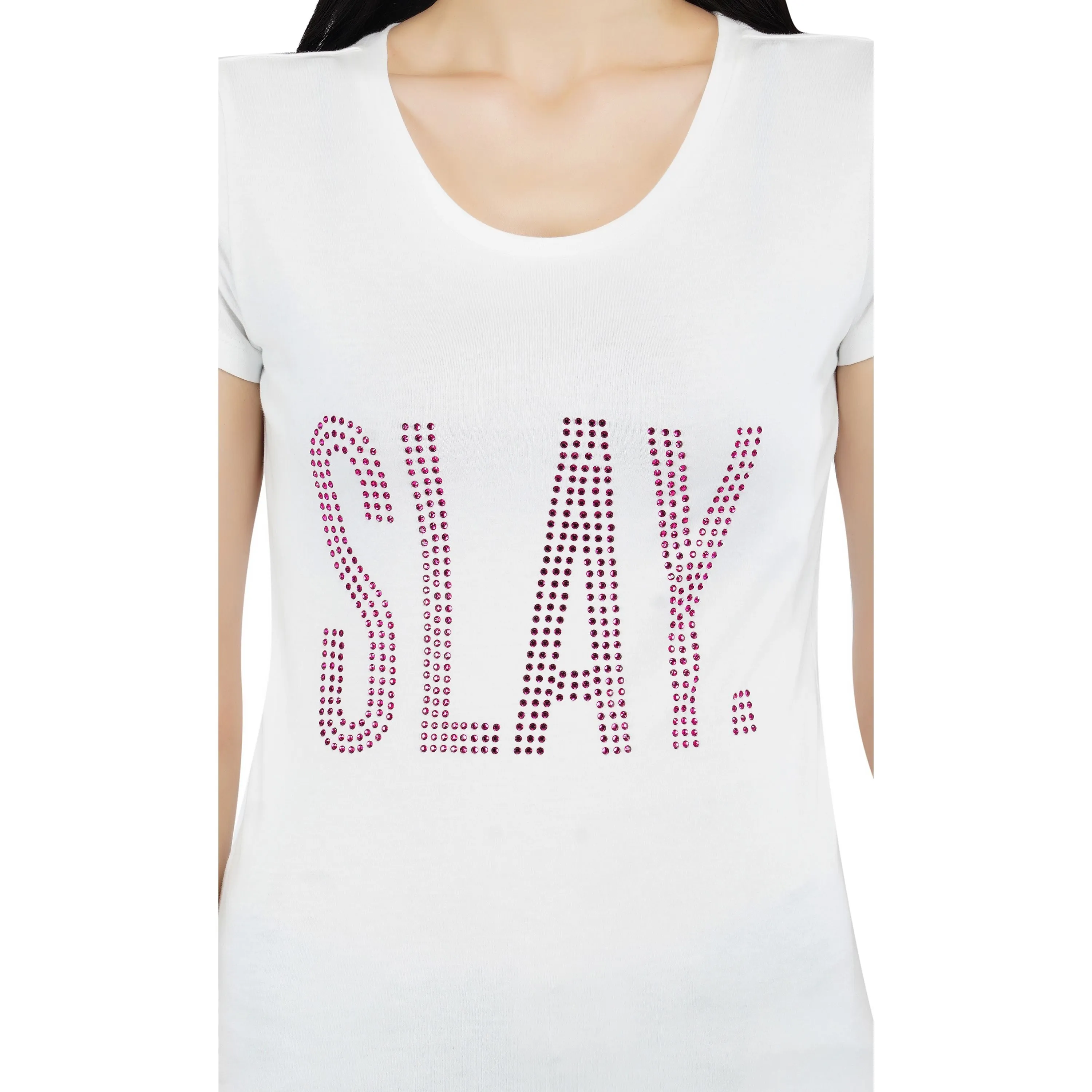 SLAY. Women's Pink Crystal Embellished T-shirt