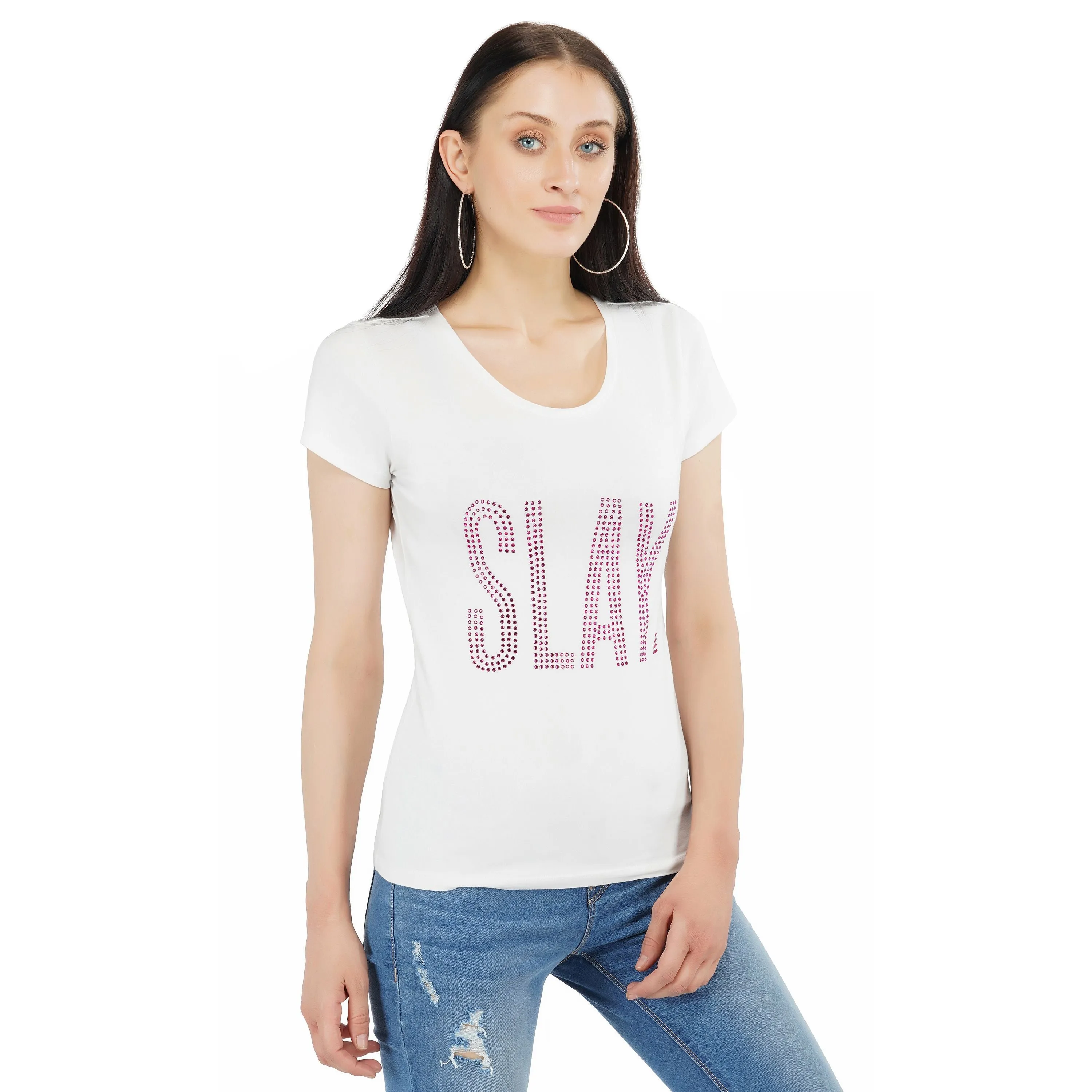 SLAY. Women's Pink Crystal Embellished T-shirt