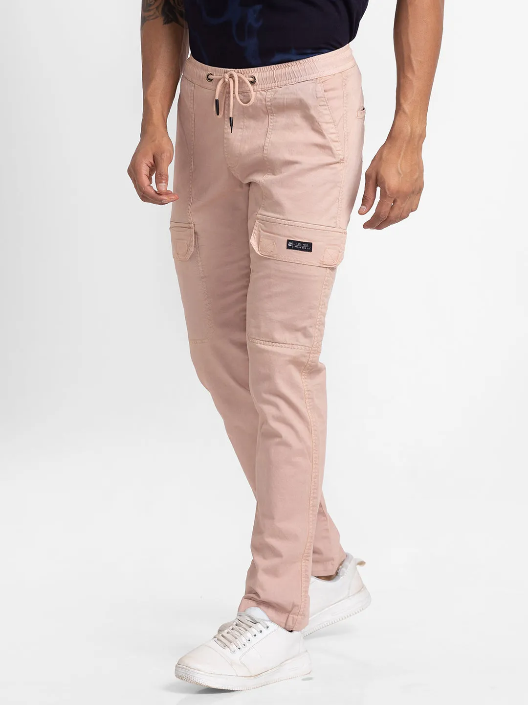 Spykar Dusty Peach Cotton Slim Fit Regular Length Trousers For Men