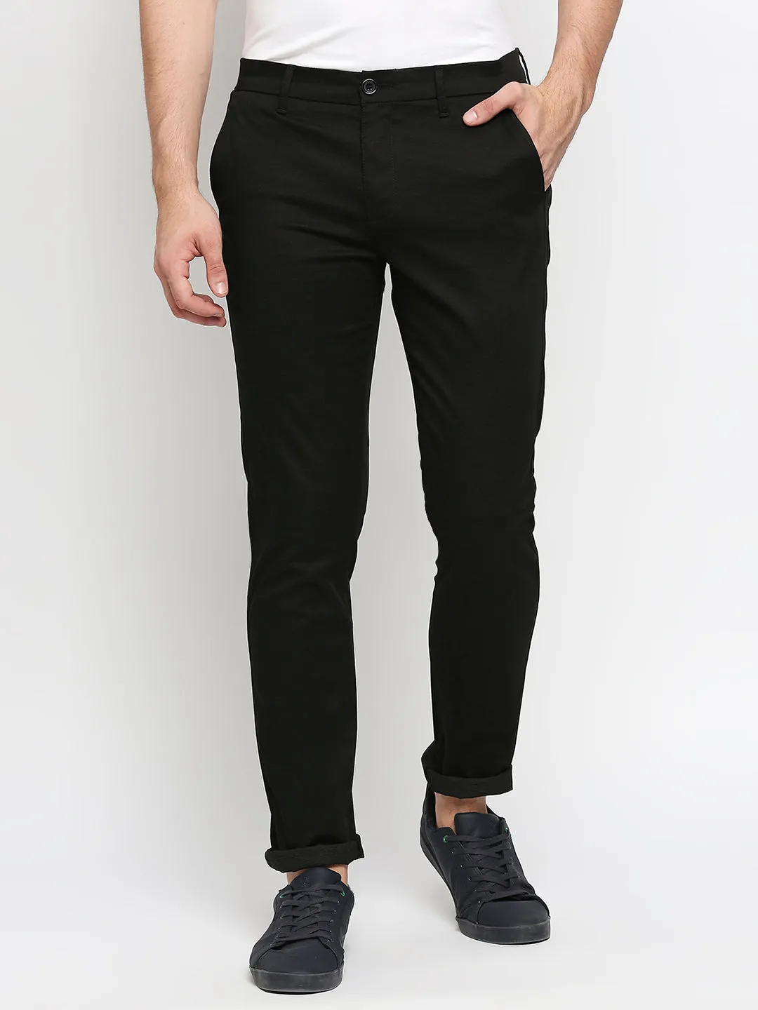 Spykar Men Black Cotton Slim Fit Casual Trouser