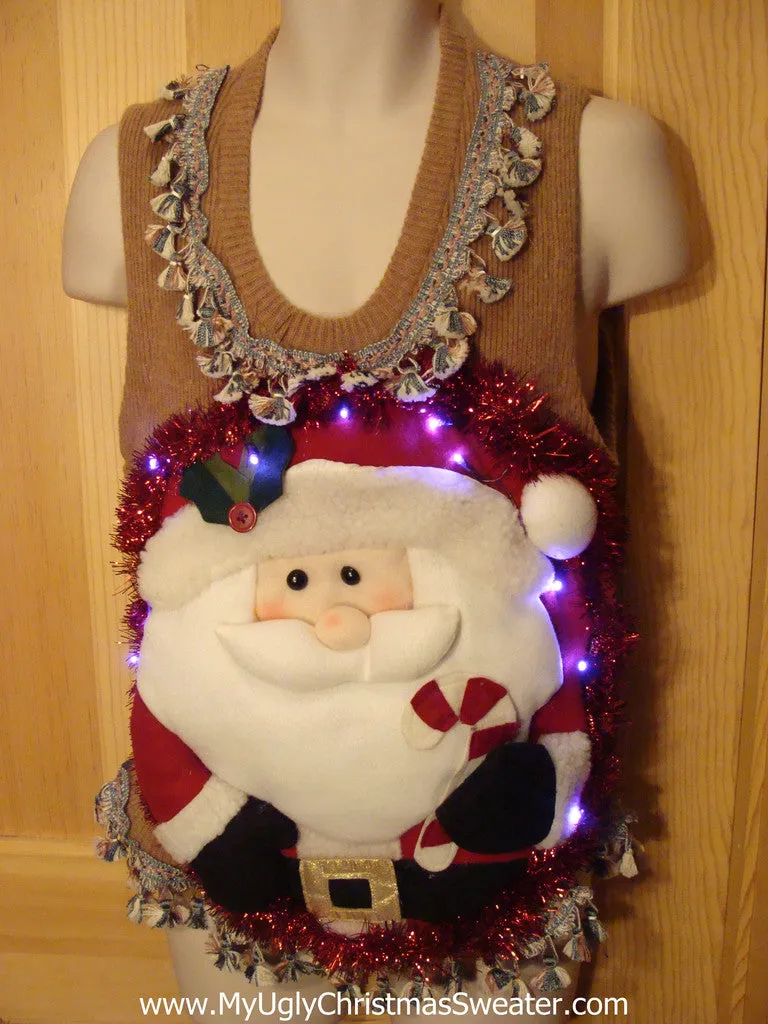 Tacky 3D Ugly Christmas Sweater Vest Puffy Santa with Lights and Fringe (A19)