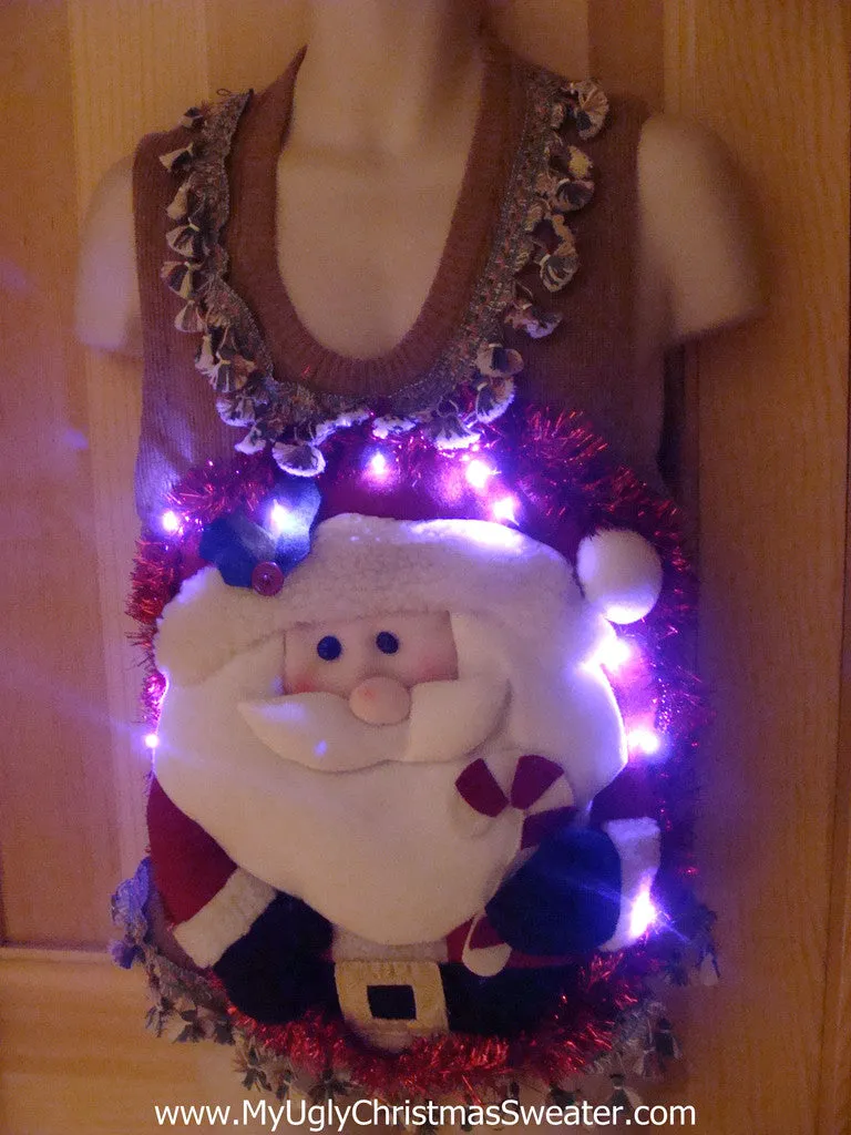 Tacky 3D Ugly Christmas Sweater Vest Puffy Santa with Lights and Fringe (A19)