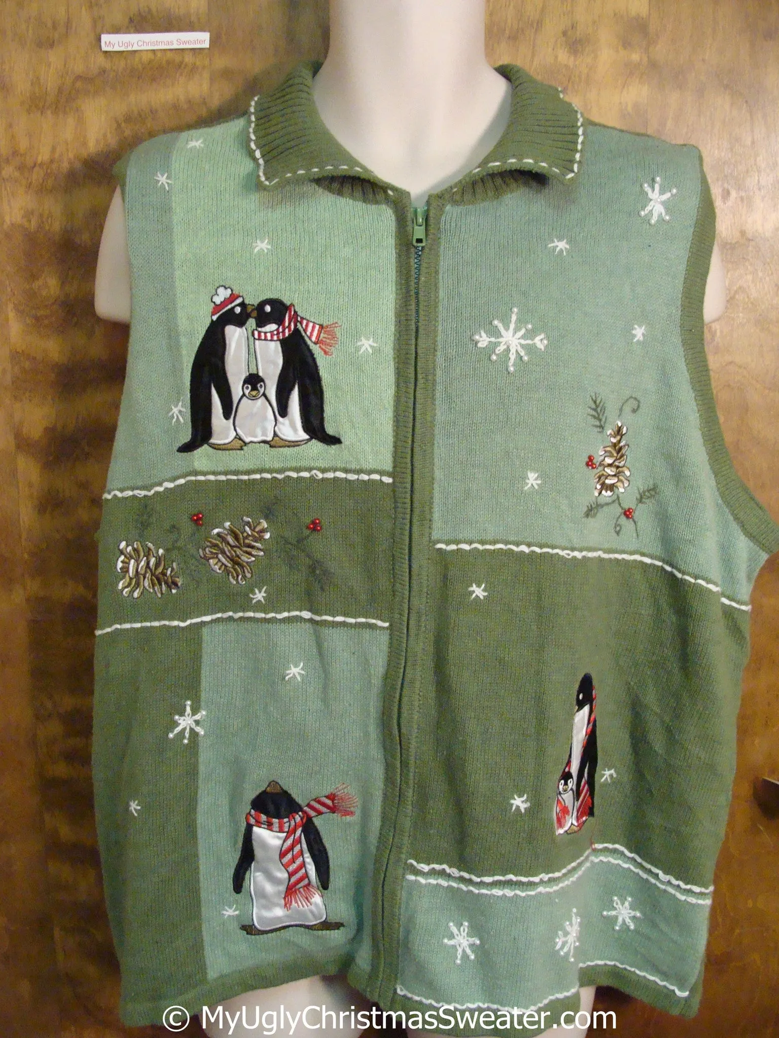 Tacky Green Big Size Christmas Sweater Vest with Penguins