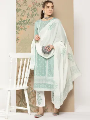 Teal Thread Work Kurta Dupatta Set