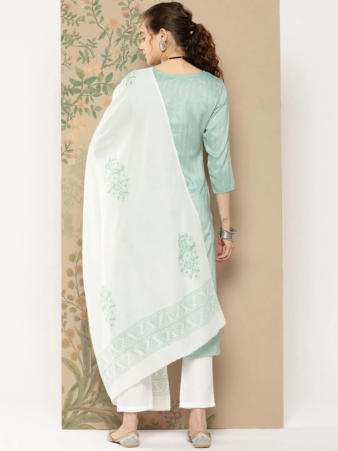 Teal Thread Work Kurta Dupatta Set