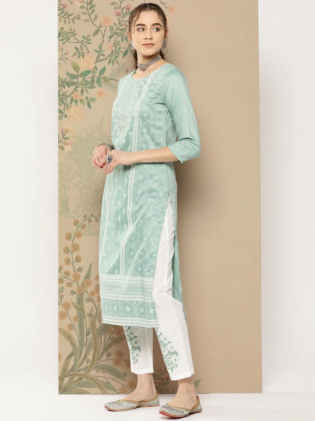 Teal Thread Work Kurta Dupatta Set