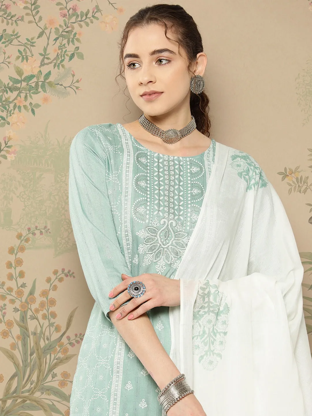 Teal Thread Work Kurta Dupatta Set