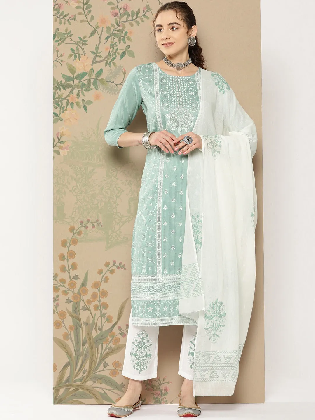 Teal Thread Work Kurta Dupatta Set