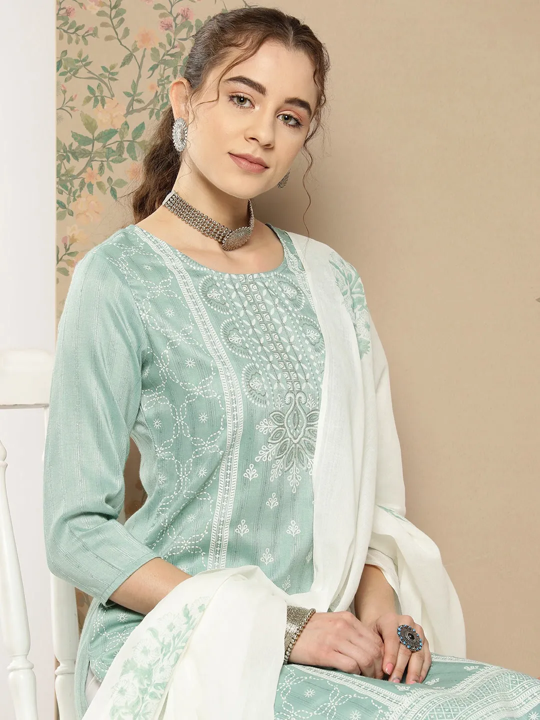 Teal Thread Work Kurta Dupatta Set