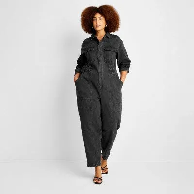 Universal Thread Women's Long Sleeve Denim Jumpsuit Wide-Leg Overalls