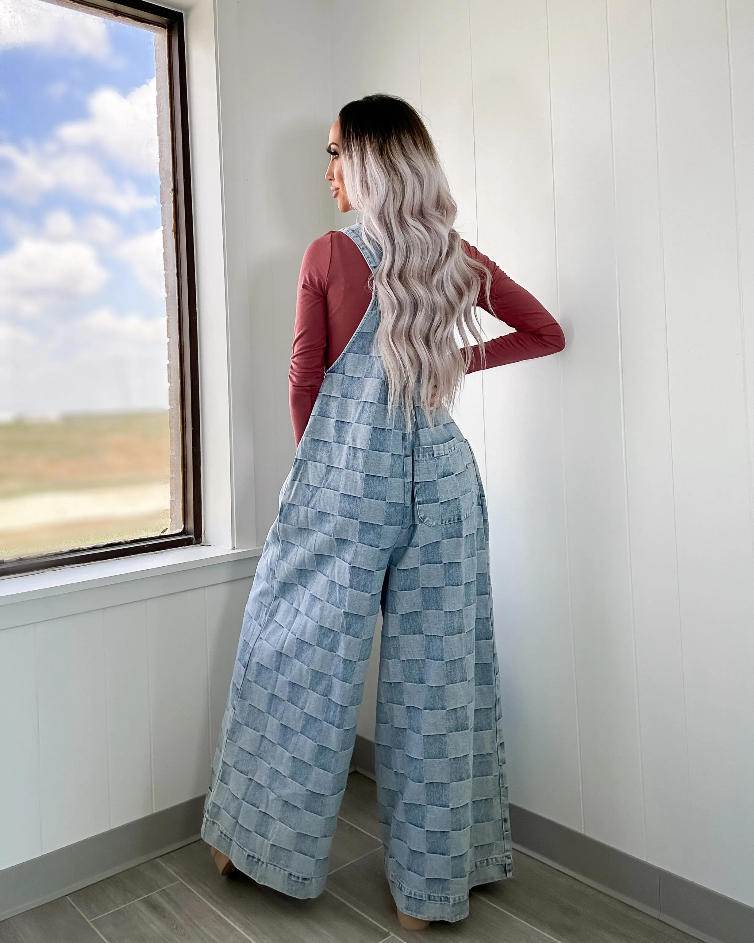 Vintage Vibes Checkered Wide Leg Overalls - Denim