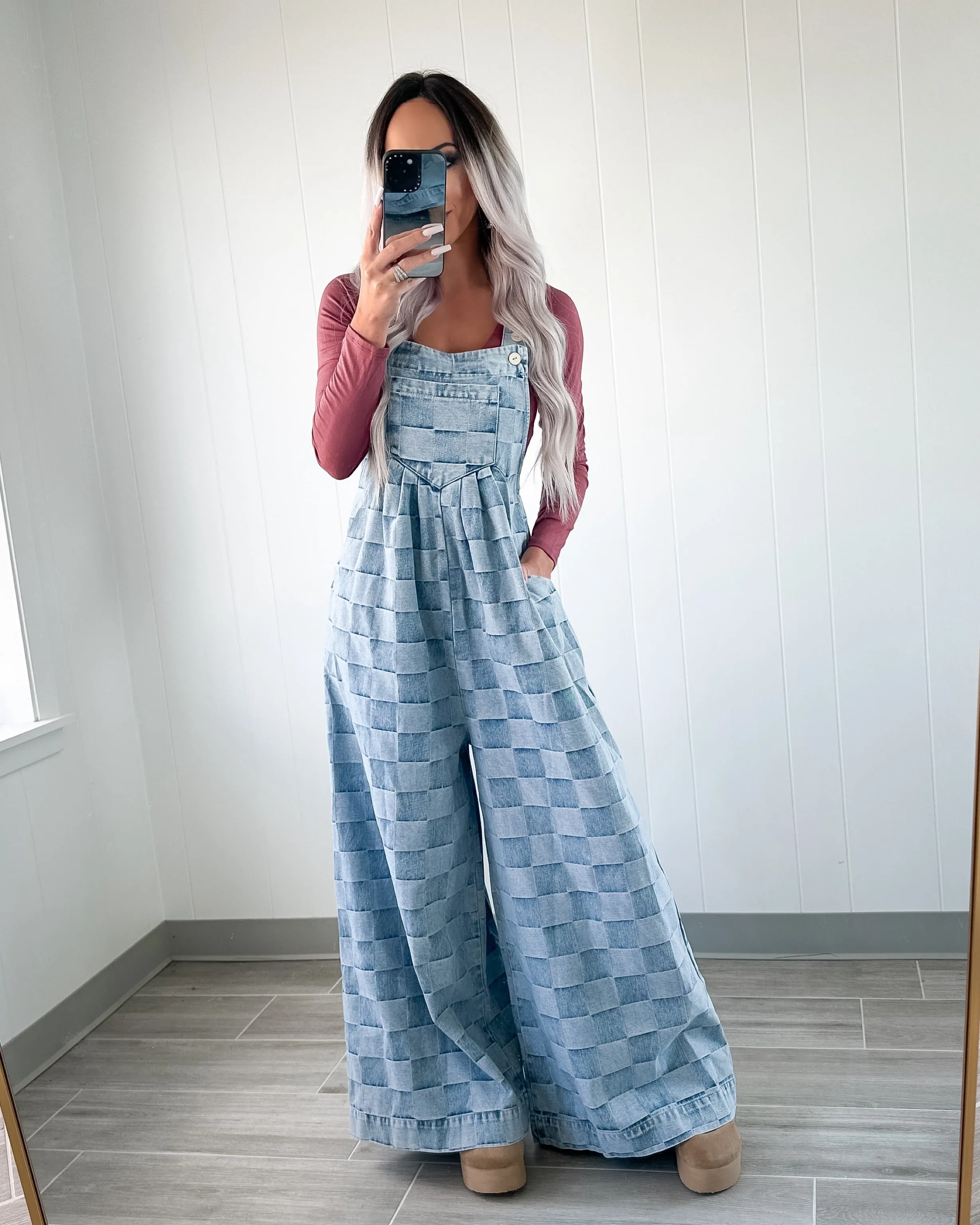 Vintage Vibes Checkered Wide Leg Overalls - Denim