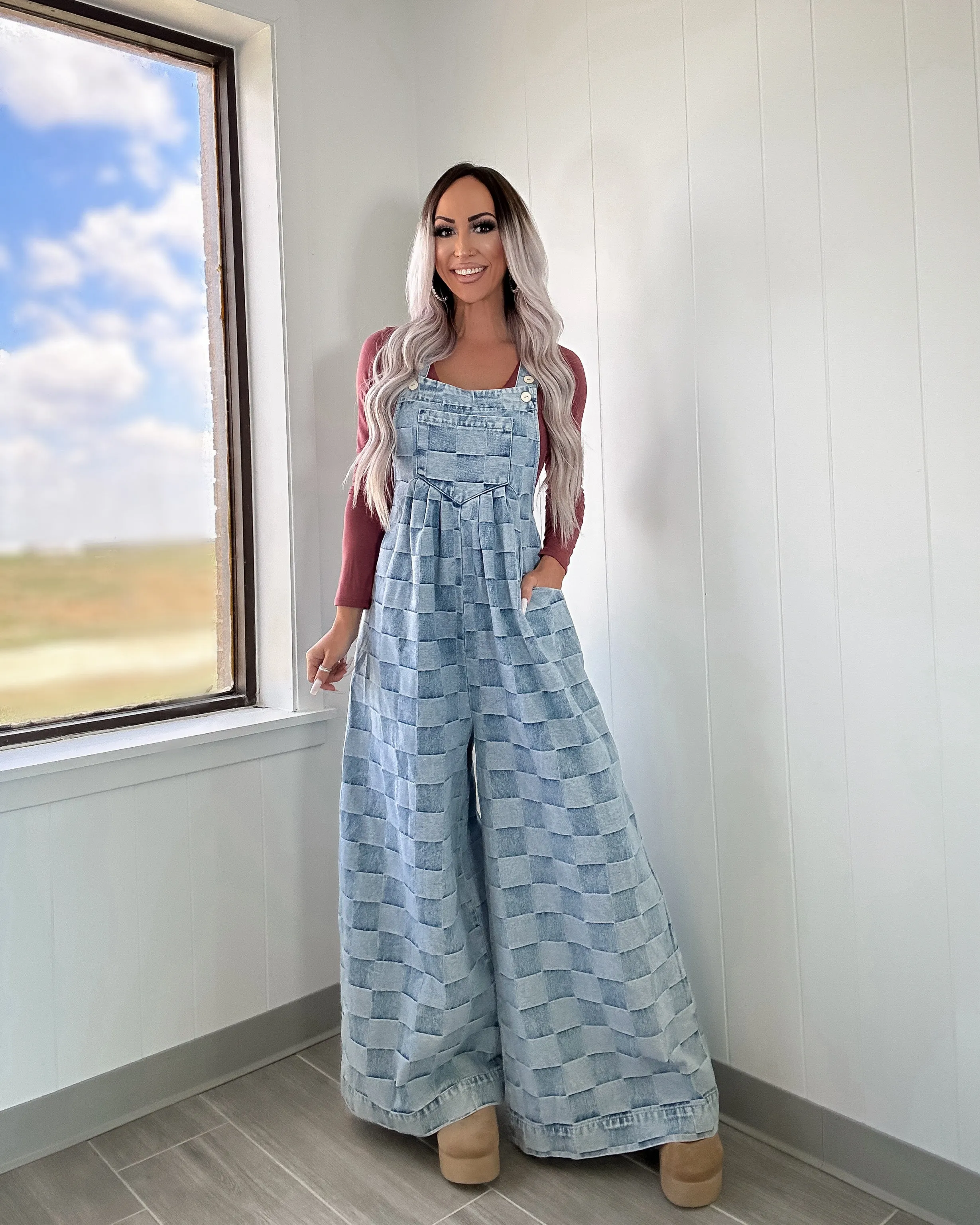 Vintage Vibes Checkered Wide Leg Overalls - Denim