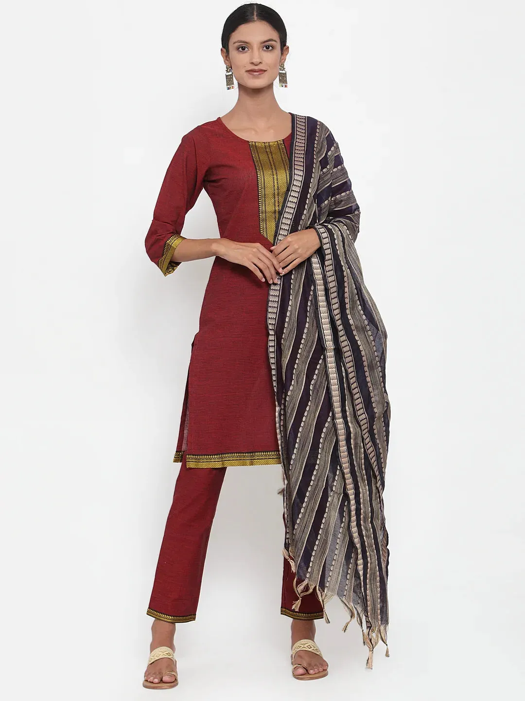 Women Maroon Solid Kurta With Trousers & Dupatta