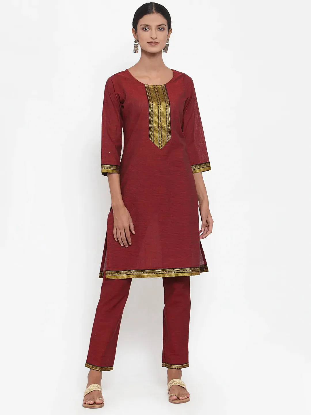 Women Maroon Solid Kurta With Trousers & Dupatta