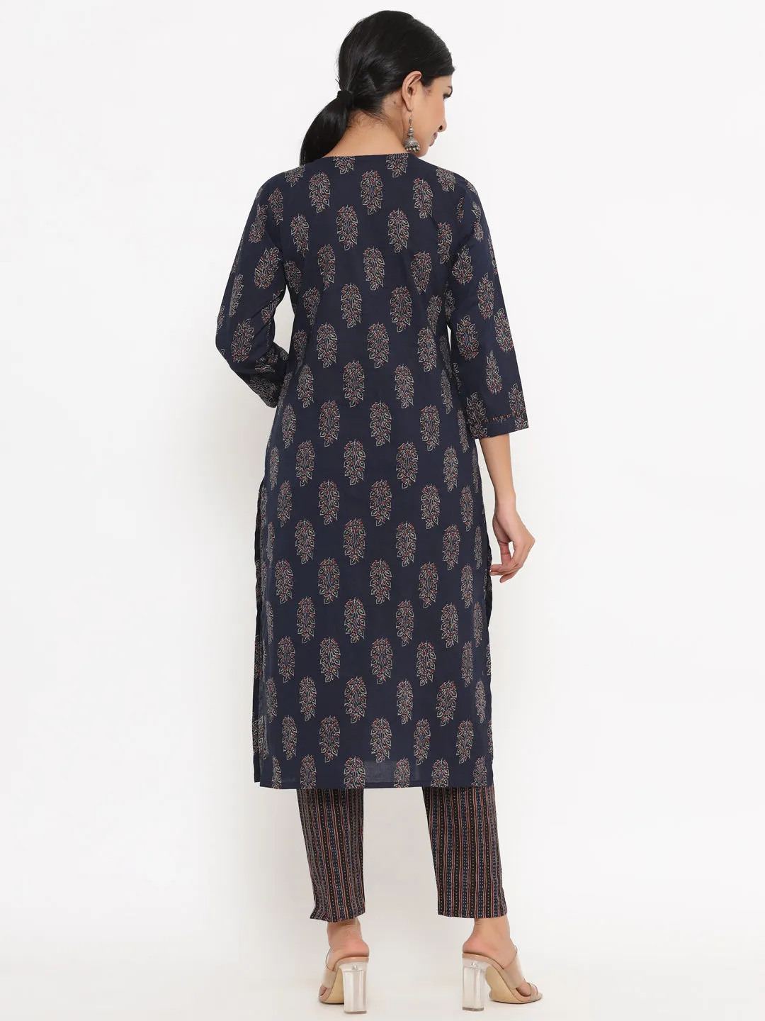 Women Navy Blue Block Print Kurta With Trousers