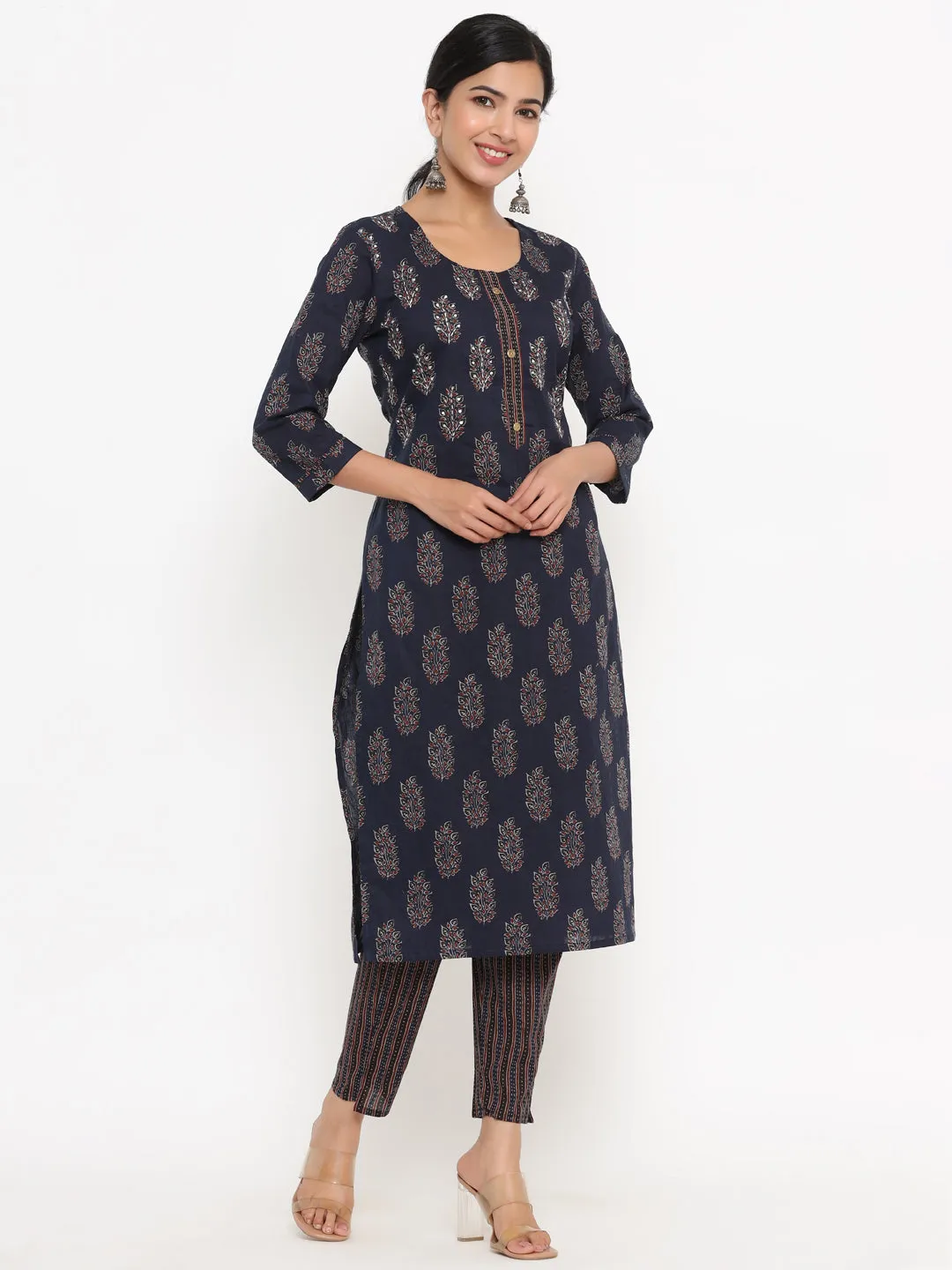 Women Navy Blue Block Print Kurta With Trousers