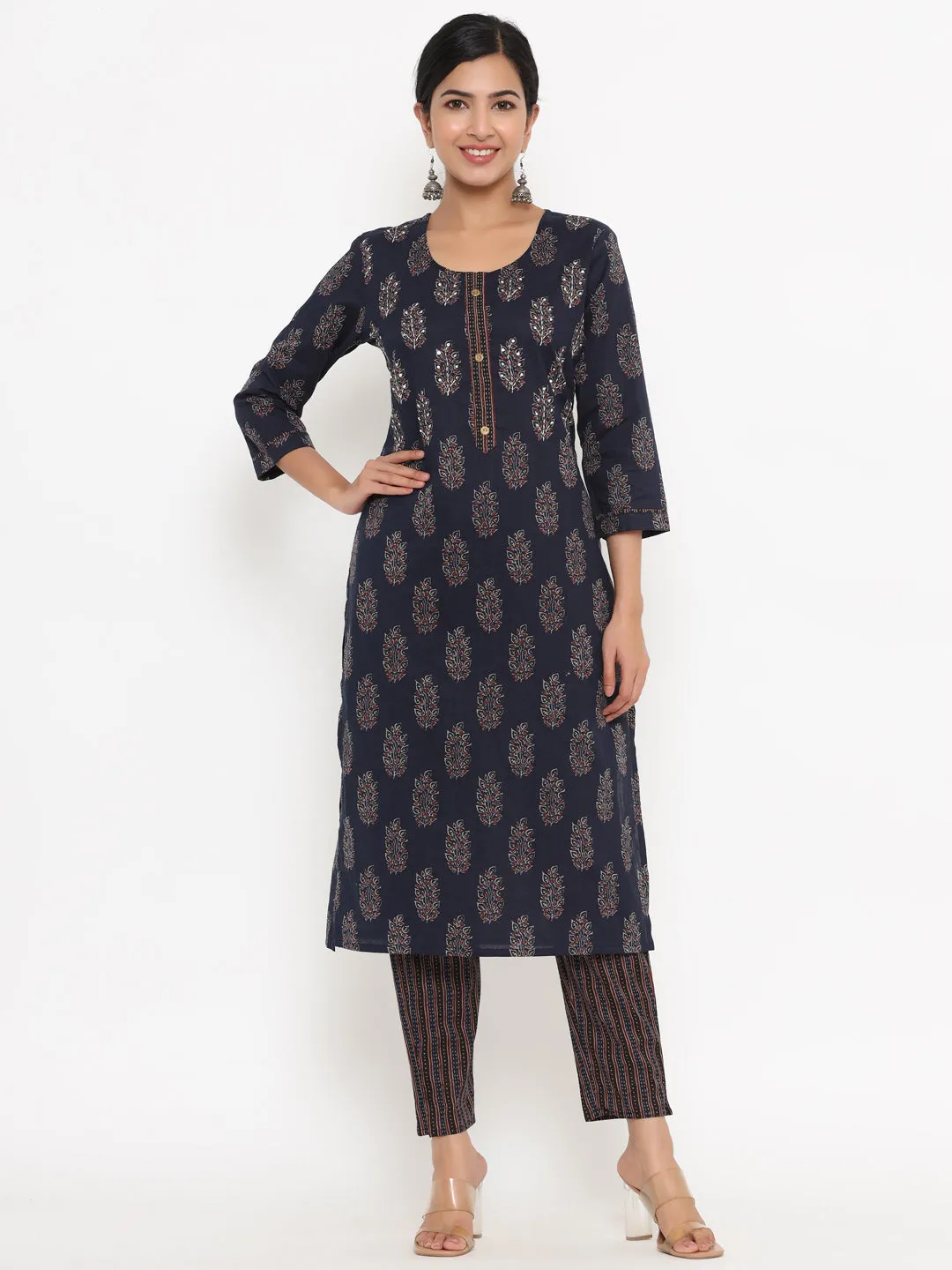 Women Navy Blue Block Print Kurta With Trousers