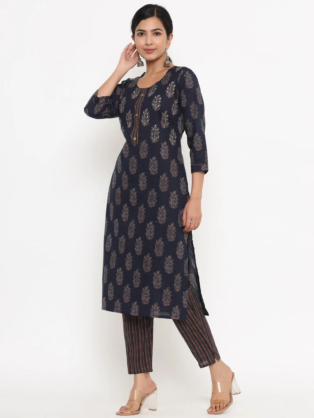 Women Navy Blue Block Print Kurta With Trousers