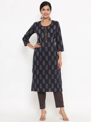 Women Navy Blue Block Print Kurta With Trousers