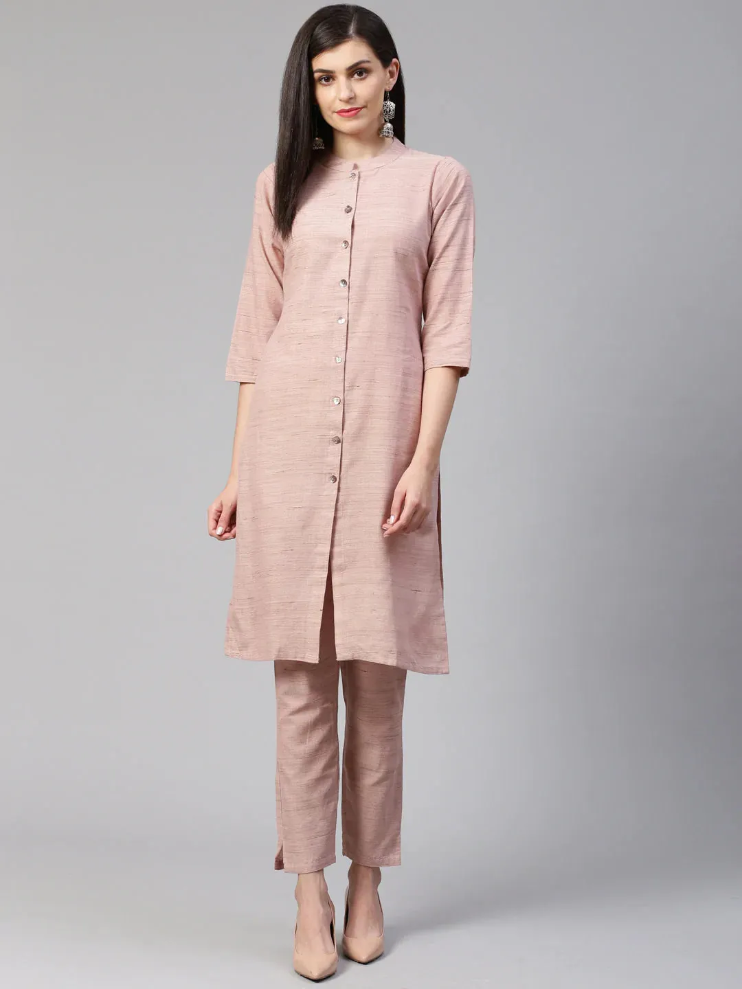 Women Pink Woven Design Kurta With Trousers