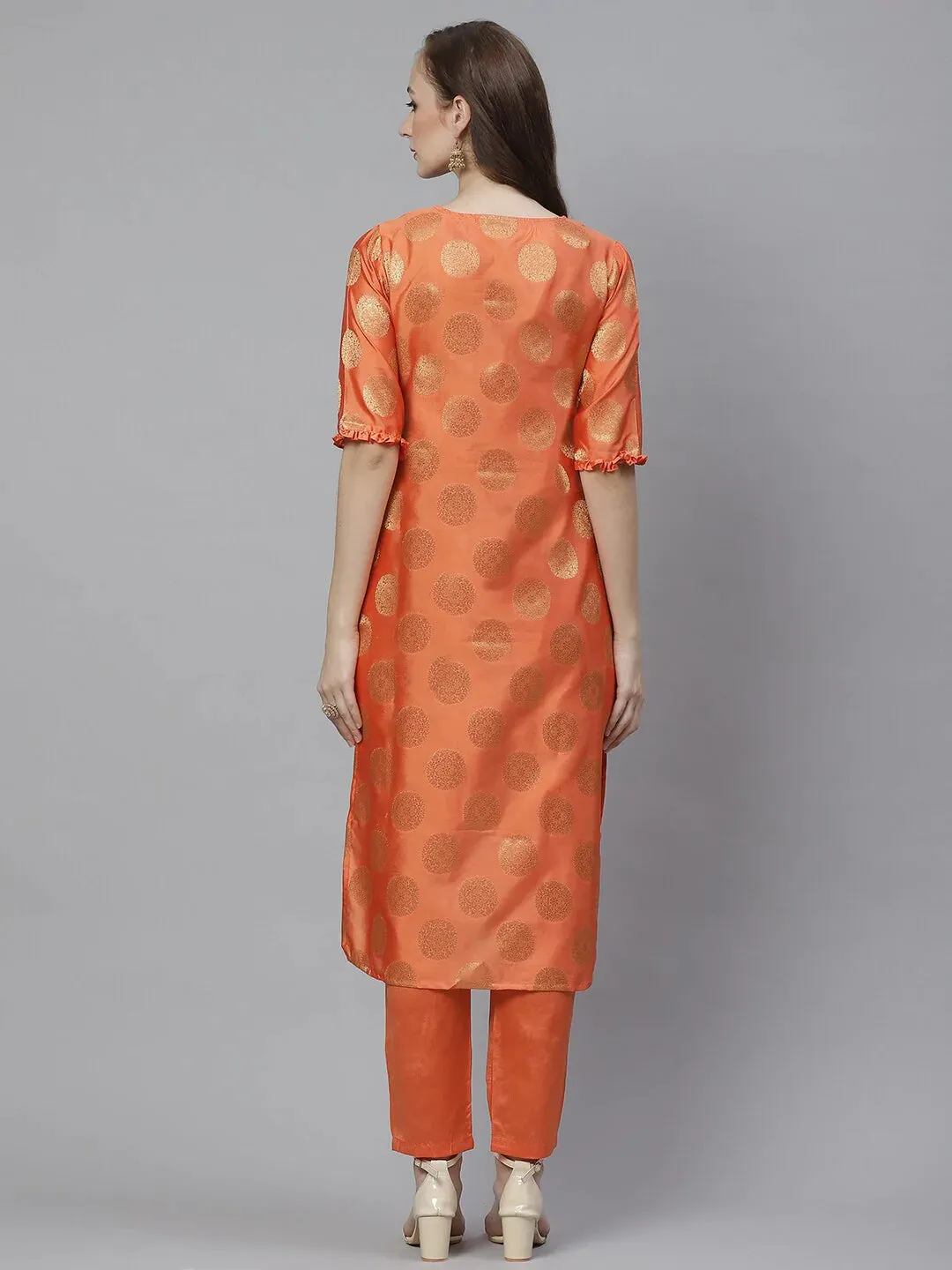 Women'S Orange & Golden Woven Design Kurta With Trousers