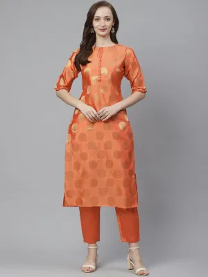 Women'S Orange & Golden Woven Design Kurta With Trousers