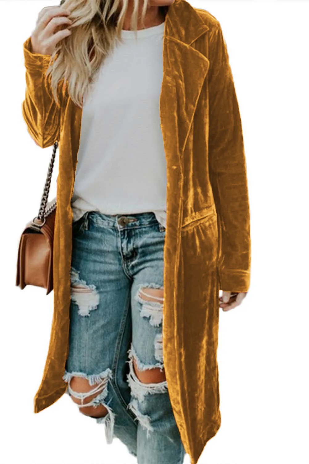 Yellow Casual Velvet Lapel Pocket Long Coat